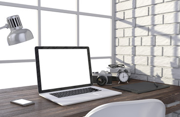 3D illustration laptop and work stuff on table near brick wall, Workspace