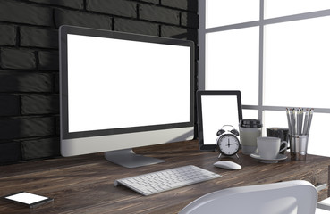 Fototapeta premium 3D illustration PC screen on table in office, Workspace