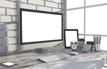 Fototapeta premium 3D illustration PC screen on table in office, Workspace