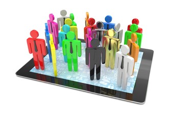 group of people figures on tablet PC, 3d render