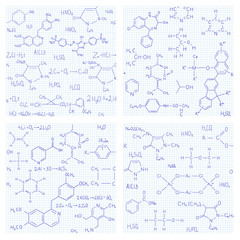 Set of seamless vector backgrounds with chemistry formulas and e