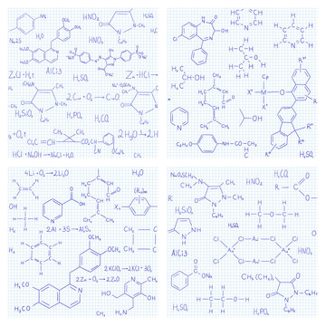 Set of seamless vector backgrounds with chemistry formulas and e