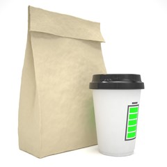 Coffee to go and lunch bag, on white.