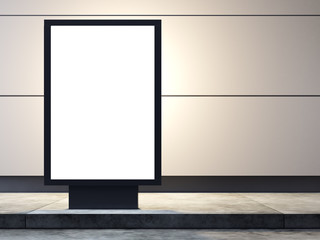 Empty lightbox on the street. Concrete wall  background. 3d render