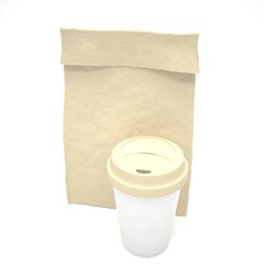 Coffee to go and lunch bag, on white.