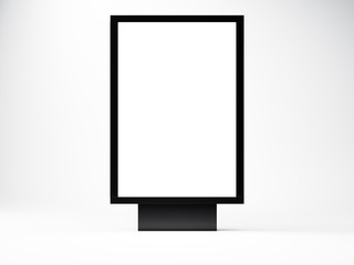 black empty lightbox in the studio. Blank white wall background. Front view. 3d render