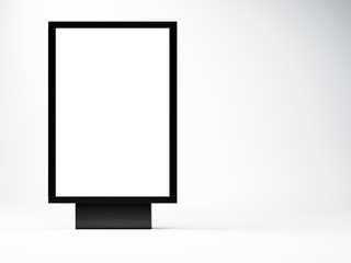  black empty lightbox in the studio. Blank white wall background. Left side. 3d render