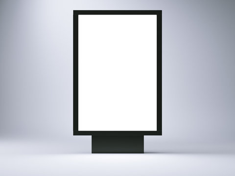 black lightbox in the empty studio. Front view. Blank gray wall background. 3d render