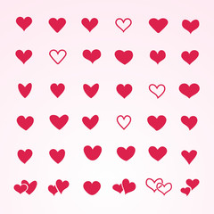 Vector set of red hearts in different shapes and styles.