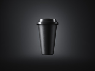 Black paper cup with plastic top on the dark background. Horizontal. 3d rendering