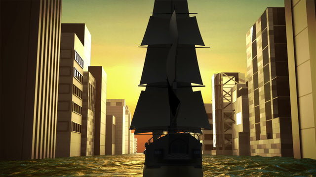 Sailing boat through the sea and make city business building. vision, strategy marking.(included alpha)