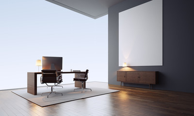 Concept of contemporary office interior with empty white canvas. 3d render