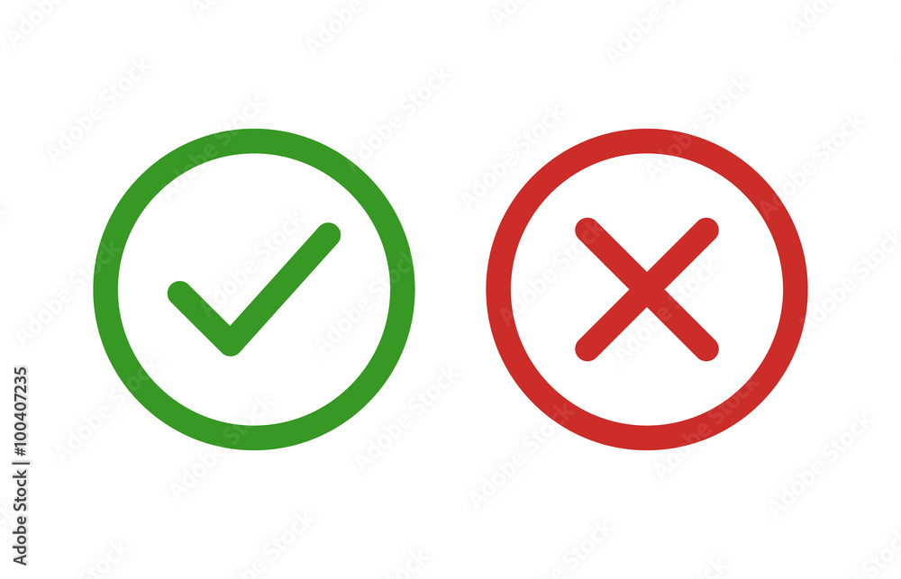 Poster checkmark and x or confirm and deny line art color icon for apps and websites.