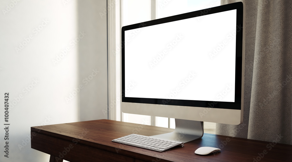Poster generic design computer on the wooden table. empty screen. 3d render