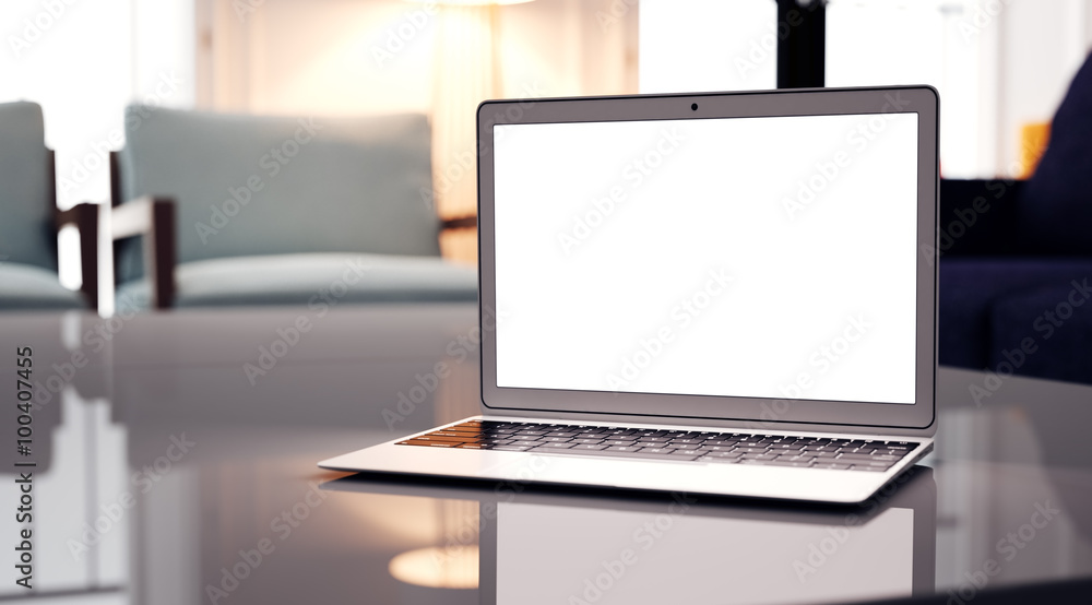 Aufkleber concept of generic design laptop at the table. 3d render