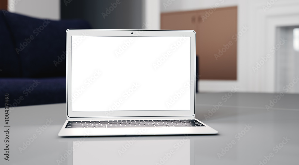 Poster generic design laptop on the table in trendy cafe interior. focus at computer. 3d render