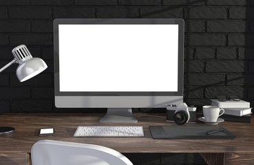 Fototapeta premium 3D illustration PC screen on table in office, Workspace