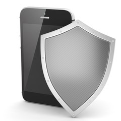 Smartphone and shield on white, security concept