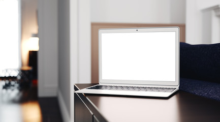 Fototapeta na wymiar Generic design laptop on the table in modern interior. Focus at computer. 3d render