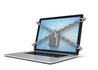 3d illustration computer security. laptop locked with chains and padlock