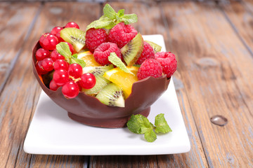 fruit salad in chocolate bowl