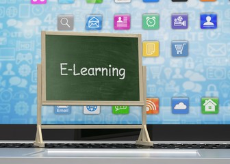  Laptop with chalkboard, e-learning, online education concept