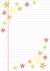 Vector blank for letter or greeting card. Paper of notebook, white form with lines, and colorful flowers. A4 format size.