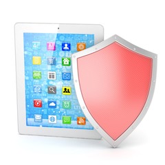 Tablet PC and shield on white device security concept