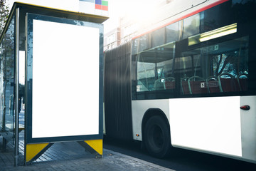 Empty lightbox on the bus stop in center of city. Horizontal