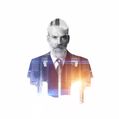 Portrait of bearded businessman. Double exposure city on the background. BW