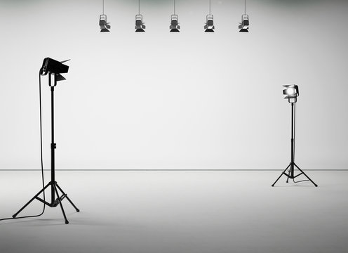 White studio room with equipment, no body. 3d render