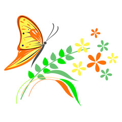 Vector illustration of insect, orange butterfly, flowers and branches with leaves, isolated on the white background