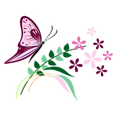 Vector illustration of insect, violet butterfly, flowers and branches with leaves, isolated on the white background