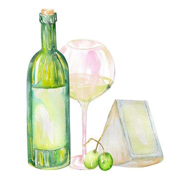 An illustration of the isolated watercolor white wine bottle, glass of the white wine, Brie cheese and green grape. Painted hand-drawn in a watercolor on a white background