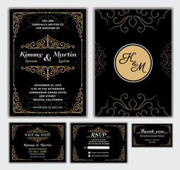 Fototapeta na wymiar Elegant Wedding Invitation Design Template. Include RSVP card, Save the date card, thank you tags. Classic Premium Vintage Style Frame Vector illustration.