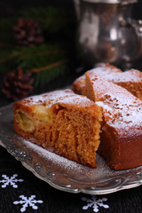 Honey cake with apples on the metal tray