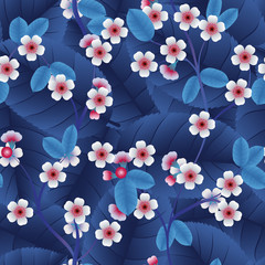 Seamless pattern with lilac cherry flowers and blue leaf