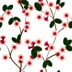 Seamless pattern with pink cherry flowers and leaf