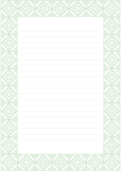 Vector blank for letter, card or charter. White paper form with pastel green decorative ornamental border. A4 format size.