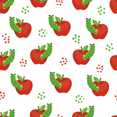 Cute caterpillars with apples. Seamless pattern.