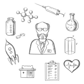 Scientist and science research sketch icons