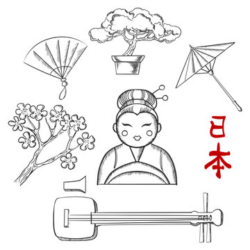 Japanese travel and cultural sketch icons