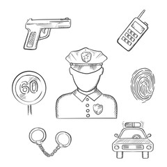 Policeman in uniform with sketched police icons