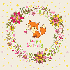 Vector party invitation with fox. Vector illustration with flowers and foxes. Greeting card with space for your text.
