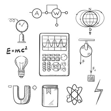 Physics and mechanics sketch icons