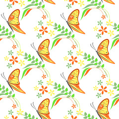 Seamless vector pattern with insects, colorful background with violet butterflies, flowers and branches with leaves.