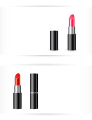 red and pink lipstick on white background