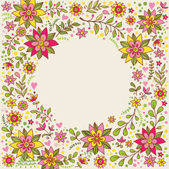 Floral frame with flowers and place for text. Vector illustration with multicolored flowers on a beige background.