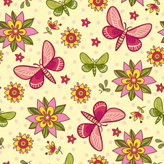 Seamless pattern with flowers and butterflies in vector. Vector illustration on autumn theme with butterflies and flowers on a beige background.