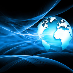 Best Internet Concept of global business. Globe, glowing lines on technological background. Electronics, Wi-Fi, rays, symbols Internet, television, mobile and satellite communications